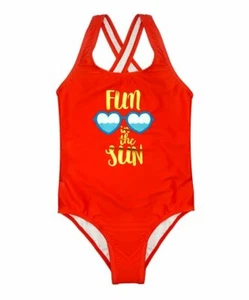 Girls Swimwear Red & Gold Foil Keyhole One Piece Size 7-8 Years NEW FREE P&P (B) - Picture 1 of 4
