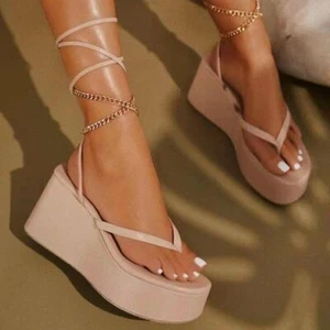 Women's Lace Up Strappy Platform Sandals Open Toe Ankle Strap Flat Beach Shoes - Picture 1 of 11