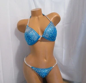competition NPC bikini posing suit TURQUOISE HOLOGRAM  34B  CUP Small Bottoms - Picture 1 of 5