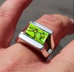 Solid 925 Sterling Silver Natural Green Turquoise Gemstone Men's Unisex Ring - Picture 1 of 8