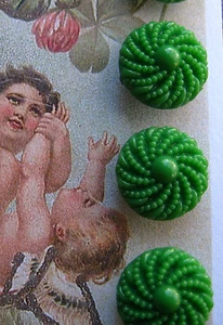 Set of 6 Vintage 1/2" Green Pinwheel Dot Glass Buttons ~new/old stock - Picture 1 of 2