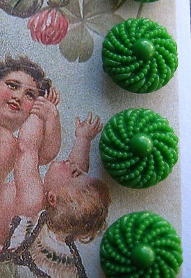 Set of 6 Vintage 1/2" Green Pinwheel Dot Glass Buttons ~new/old stock - Image 1 of 2