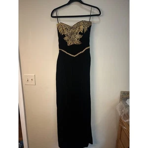 Rare Vtg Victor Costa Gown Black Velvet Gold Lace Strapless Formal Dress Saks - Picture 1 of 9