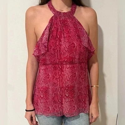 BCBGMAXAZRIA Mujer Rosa Azaelea Combo Volantes Seda Halter Top Talla Grande Foto 1 de 4