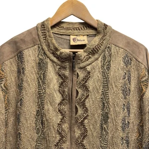 Coogi Classic Vtg Mens XL Full Zip 3D Cable Knit Brown Suede Leather Wool Jacket - Picture 1 of 8