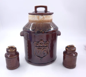 McCoy Pottery Brown Drip Milk Can Cookie Jar 1776-1976 USA PLUS Matching S & P - Picture 1 of 8