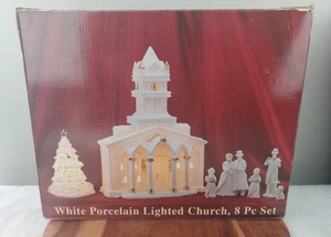 Galleria Inc Weiß Porzellan beleuchtet Kirche Gold Akzent 8 Stück Weihnachten Set - Bild 1 von 7