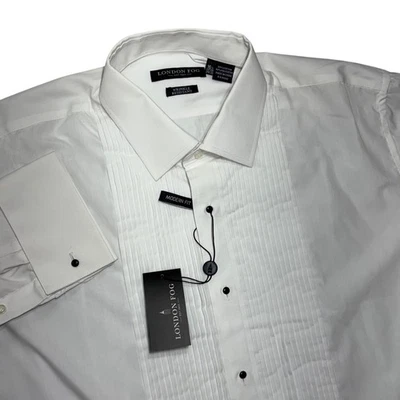 Camisa de vestir esmoquin plisada London Fog blanca calce moderno resistente a las arrugas para hombre Foto 1 de 4