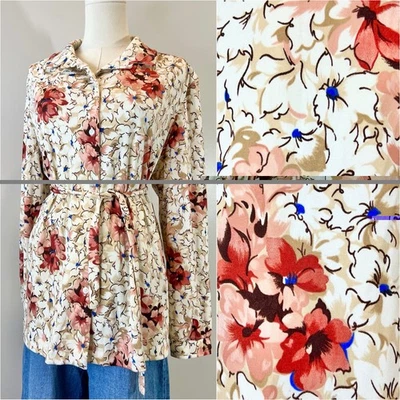 Vintage 1970s Tan Floral Shirt w/ Tie Boho Retro Hippie Groovy Flower Power XXL - Image 1 of 4