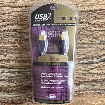 Belkin Gold Series USB 2.0 Hi-Speed Cable 10ft/3m A-Male to B-Male 24K Gold NEW - Image 1 of 2