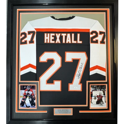 FRAMED Autographed/Signed RON HEXTALL 33x42 Philadelphia Black Jersey JSA COA - Image 1 of 2