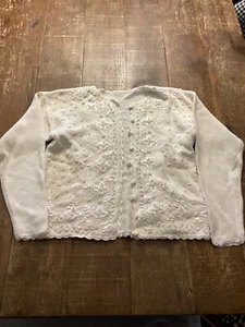 Vintage Embroidered Floral With Pearls Cream Cardigan W/ Crocheted Buttons Szm - Picture 1 of 8