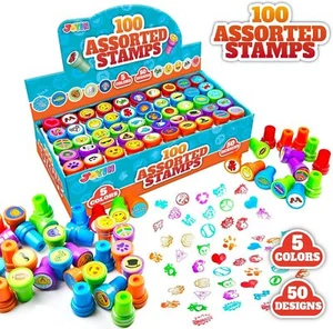 100 PIEZAS Surtido de estampillas para niños estampillas de tinta automática fiesta favor maestro estampillas - Imagen 1 de 5