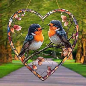 Twin Robin Branch Garden Bird Suncatcher Stained Glass Effect Home Decor Gift - Picture 1 of 3