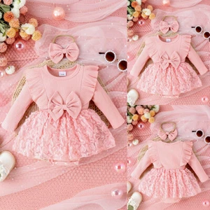Newborn Baby Girl Lace Mesh Ribbed Romper Dress Princess Tutu Dresses Outfit Set - Picture 1 of 14
