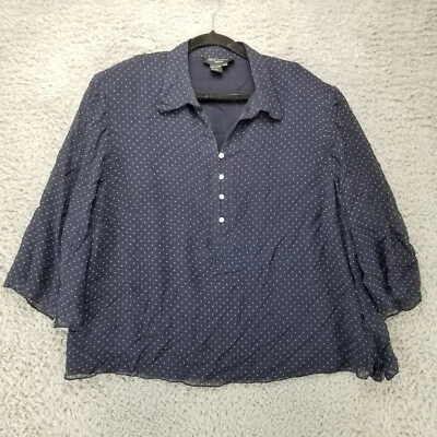Camisa Cynthia Howie Mujer 22W Azul Marino Lunares 100% Seda Manga 3/4 Top Foto 1 de 4