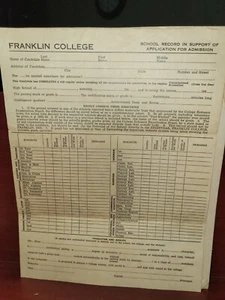 Vntg Franklin College Indiana 1940's School Record Adm Form & Honor Award Form - Picture 1 of 4