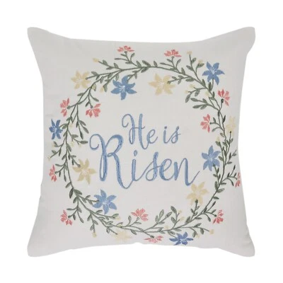 New Spring Easter WILDFLOWER WREATH HE IS RISEN PILLOW Decorative Accent 18" - Image 1 of 3