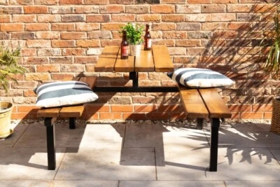 OUTDOOR FOUR SEATER WOODEN PINE TABLE AND BENCH SET - Image 1 of 4