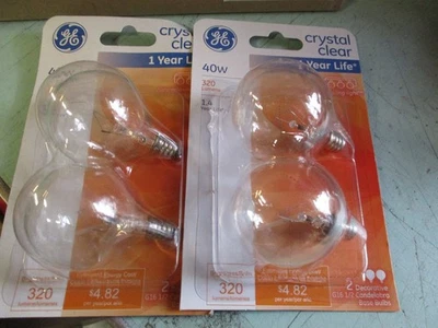 2 PACK 4 BULBS GE CRYSTAL CLEAR G16 1/2 CANDELABRA BULBS 40W 320 LUMENS LB2 - Image 1 of 2
