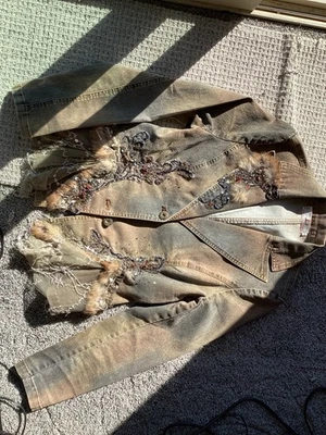 Rossi Roma Designed Brown-Gray Denim Embroidered, Beaded, Feathered Jacket - Image 1 of 4