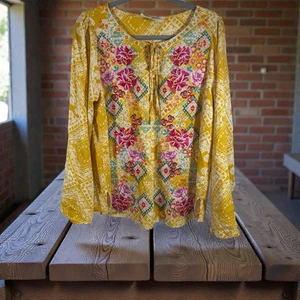 Savanna Jane Multicolor Top Women L Mustard Yellow Boho Floral - Picture 1 of 8