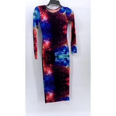 Vestido midi ceñido al cuerpo cuello redondo estampado galaxia púrpura-azul OH MY LOVE para mujer talla Xs Foto 1 de 4
