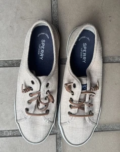 Women's SIze 9 SPERRY Top-Sider Tan Canvas Deck Shoes/Sneakers Leather Laces - Picture 1 of 5