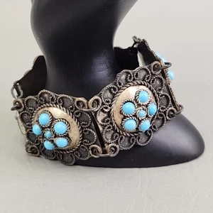 Linked Bracelet Vtg Blue Bead Flower Scalloped Gold Tone 7.75" - Picture 1 of 20