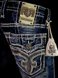 $250 Mens Rock Revival Jeans "Tamas" Thick Leather Faux Slim Straight 34 X 31 🔥 - Picture 1 of 18