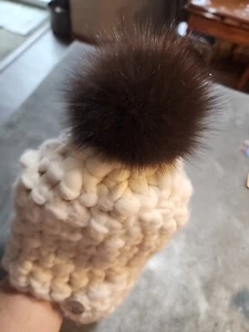 Mischa Lampert Knit Hat - Merino Wool  - Fro Tri Strap Pom - NEW - Picture 1 of 7