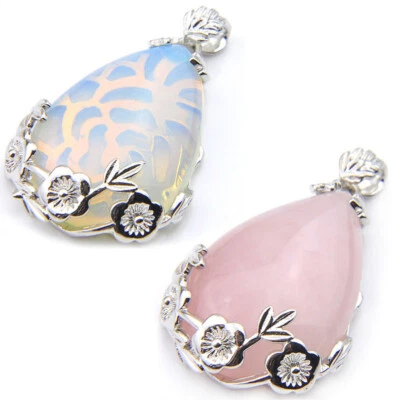 Lote de 2 piezas colgantes plateados para mujer con base de flores corte gota de agua ágata rosa piedra lunar Foto 1 de 4