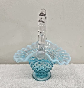 Vintage Fenton Blue Opalescent Hobnail Ruffled Basket - Picture 1 of 6