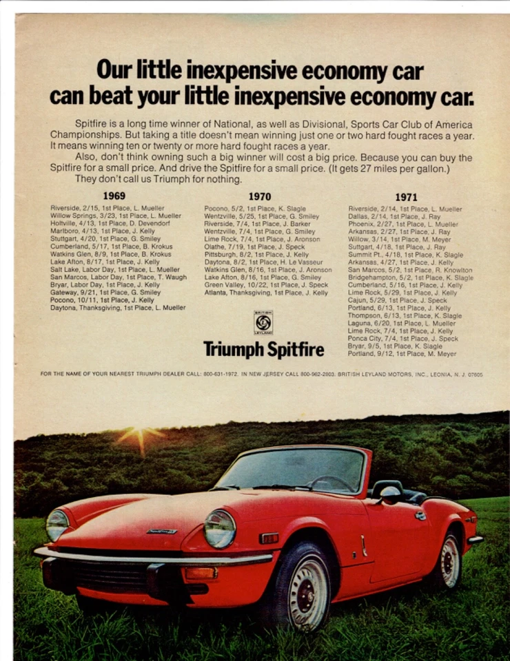 Red Triumph Spitfire Convertible Auto 1972 Print Ad British Leyland Inexpensive - Image 1 of 1