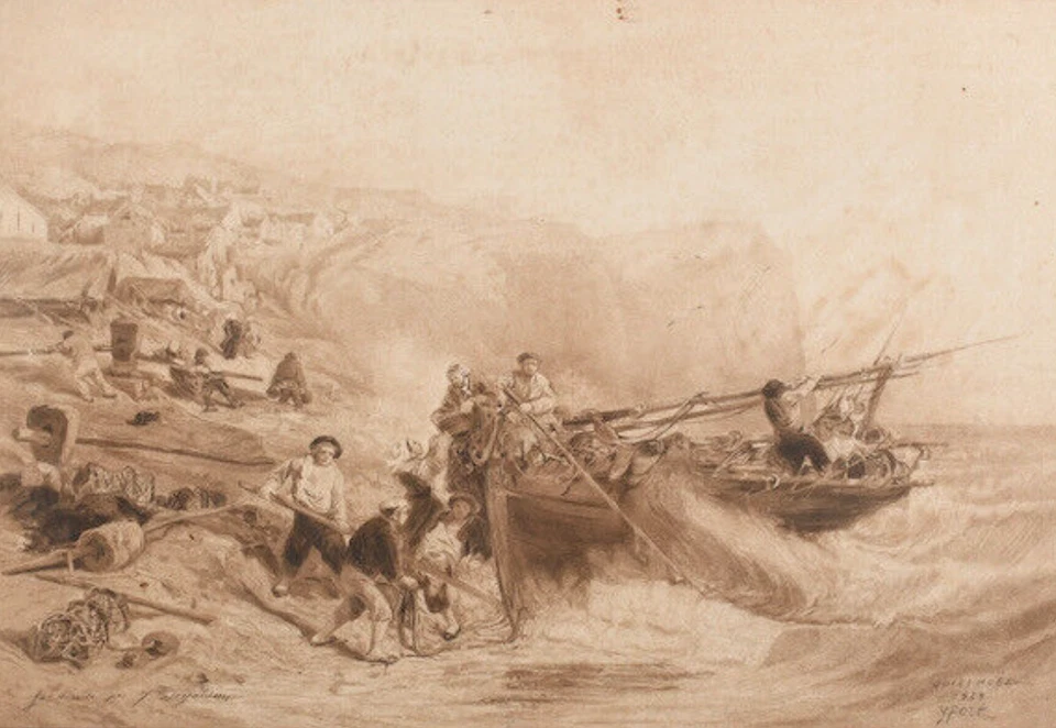 Débarquement à Yport 1858, aquarelle de Jules Achille Noël - Photo 1/1