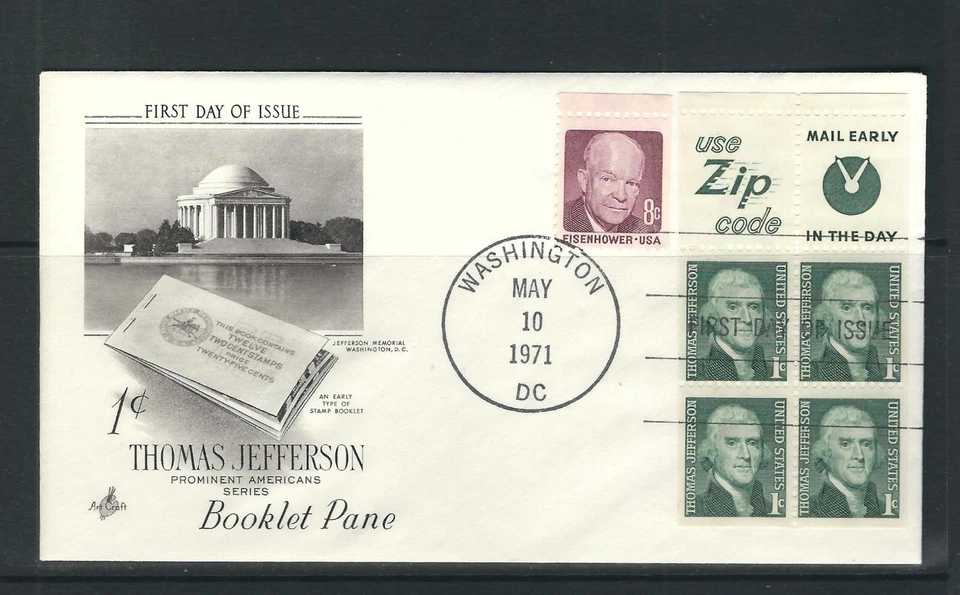 USA SC # 1278b Jefferson FDC Pane of 4 + 2 Labels FDC . Artcraft Cachet - Image 1 of 1