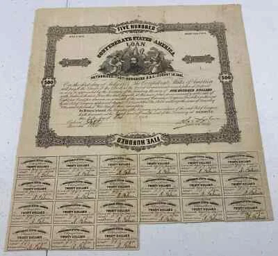 Type 78, Ball 93, $500 Confederate States of American Loan with 21 coupons - Image 1 of 2