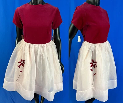 Винтажный это должно быть любовь красный вельветовый розовый органза цветок аппликация девочек платье - Изображение 1 из 2