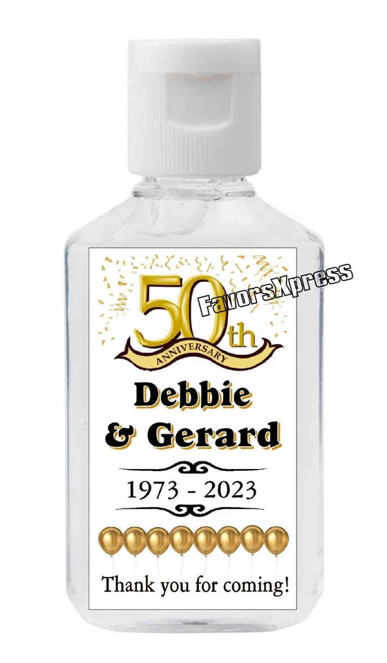 ETIQUETAS DESINFECTANTES MANOS 50 ANIVERSARIO GOLED FIESTA FAVORES Foto 1 de 1