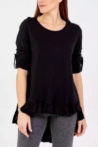 BLACK one size tunic top long sleeve high low roll tab ruffle size 10 - 14 NWT - Picture 1 of 4