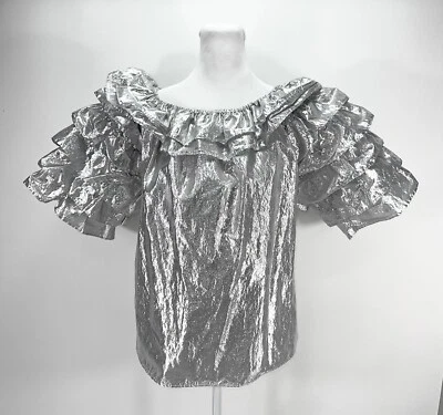 VINTAGE AVANT GARDE SILVER RUFFLE BLOUSE SHIRT SPACE AGE MOD MCM UFO CLOWN CORE - Image 1 of 4