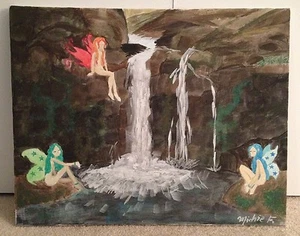 Pintura de hadas semidesnuda original firmada con cascada 20"" X 16"" sobre lienzo - Imagen 1 de 9