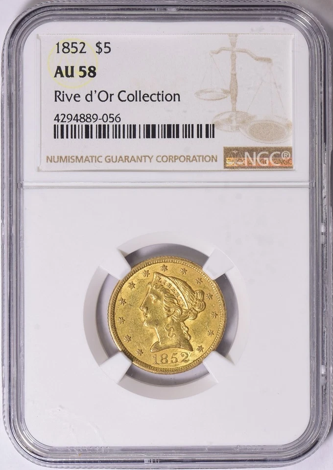 1852 $5 Liberty Head Gold Coin NGC AU 58 – Rare Collectible - Image 1 of 1