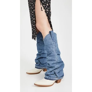R13 Mid Cowboy Boots with Denim Sleeve Shaft Indigo Blue Ivory Size 38 NIB $1395 - Picture 1 of 22