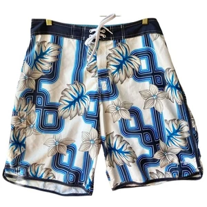 Vintage Ocean Pacific Mens Swim Suit Trunks Shorts Size 34 Plumeria Blue 90s Y2K - Picture 1 of 16