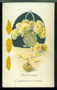 HEARTIEST CONGRATULATIONS Beaed Vase of Yellow Roses Ribbon Vintage Postcard  - Picture 1 of 1