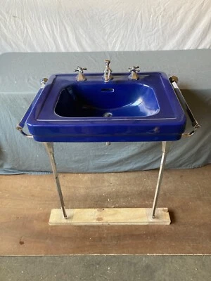 Antigua consola fregadero Royal Copenhagen azul cobalto patas cromadas toalleras 154-23E Foto 1 de 4