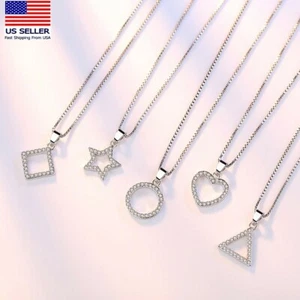 Damen 925 Sterling Silber Kristall Halskette Kreis Stern Herz Dreieck Quadrat 020 - Bild 1 von 13