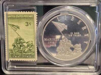 2005-P U.S. Marine Corps 230th Anniversary – PROOF Silver Dollar w Iwo Jima stam - Image 1 of 4