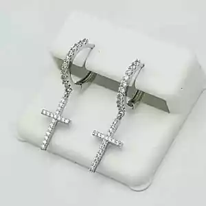 Round Cut Lab Created Diamond Cross Hoop Unisex Earrings 14K White Gold Plated - Picture 1 of 6